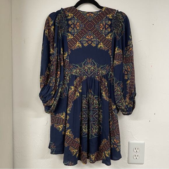 Free People Blue & Green Floral Paisley Balloon Sleeve Tunic Mini Dress XS - Picture 9 of 11